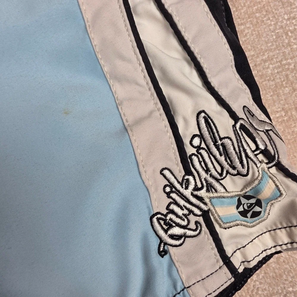 VTG Quiksilver Mens Board Shorts Blue Black White Mesh Lined Swim Trunks Size M